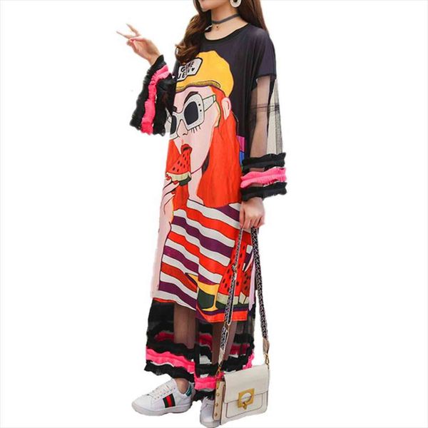 

summer hip hop fake two women dresses pieces oversized maxi long layered flare sleeves cartoon print patchwork sheer mesh, Black;gray