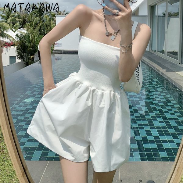 Matakawa Summer MompersPlays de malha Tubo Top Top Flor Bud Jumpsuit Shorts Slim Cintura A-Linha Grande perna Jumpsuits Mulheres 210513