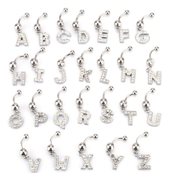 

26 letter a to m style charming body piercing crystal rhinestone inlaid navel belly button ring stainless steel jewelry, Silver