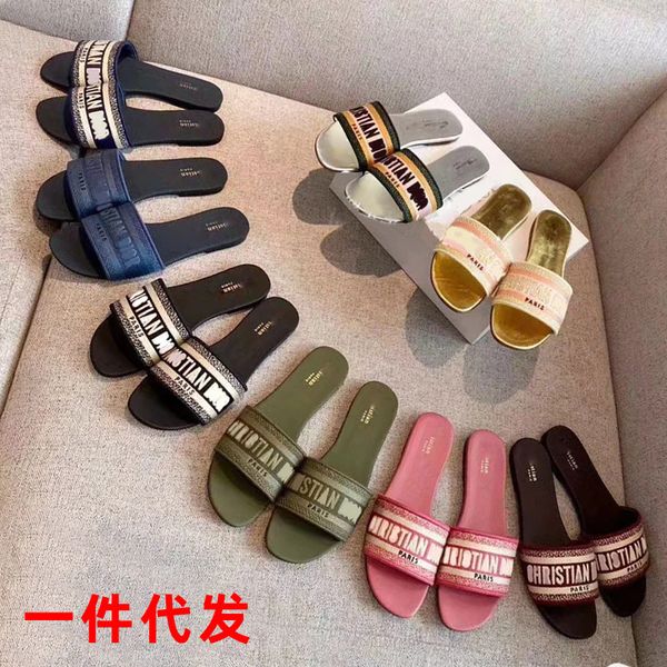 

luxury slippers spring and summer 2021 d family embroidered letter flat bottomed one line slippers for women, Black