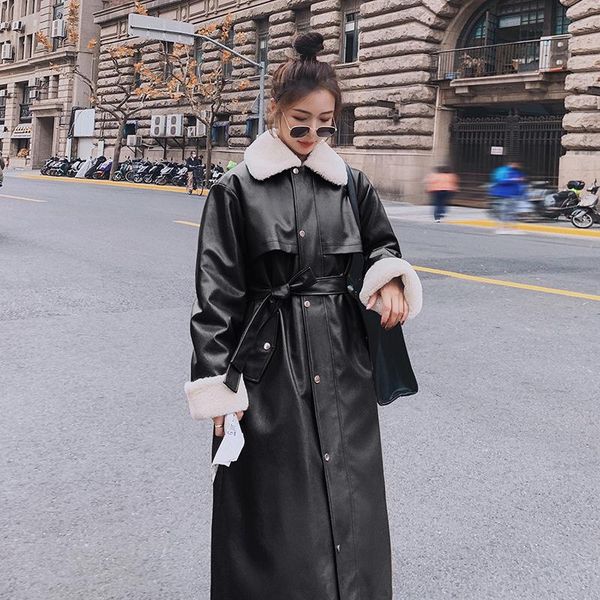 

women's jackets black inner liner imitation hair pu leather clothing pie to overcome plush knee length cotton clothes fur, Black;brown