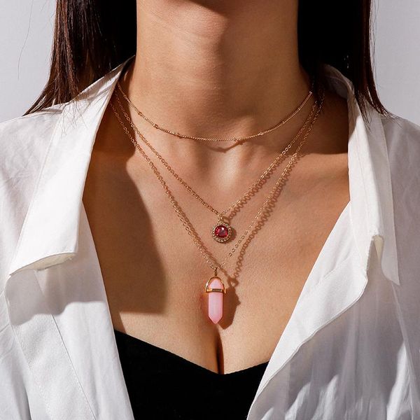 

pendant necklaces 2021 pink acrylic drop for women vintage red crystal pendants jewelry silver color multi-layer beads chain necklace