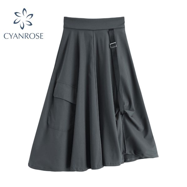 

high waist oversized streetwear skirts women harajuku a-line wrinkled pocket overalls skirt female fashion tide grey clothing 210417, Black
