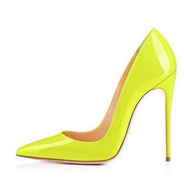 Лимонно-желтые модельные туфли-лодочки, женская обувь, пикантные туфли без шнуровки с острым носком, 12 см, из лакированной кожи, на тонком высоком каблуке, для вечеринки, ночного клуба, женская обувь 10 см, 8 см