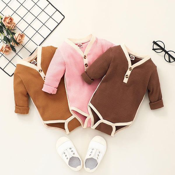 

rompers autumn baby boys girls infant long sleeve v neck crotch button ribbed knitting loose jumpsuits outfits 0-24m, Blue