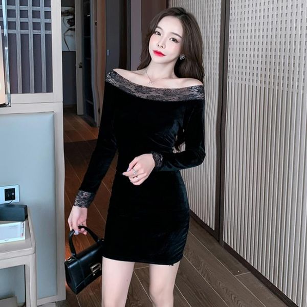 

casual dresses #5327 black purple blue velvet dress women slash neck mini party night club short tight spliced lace bodycon, Black;gray