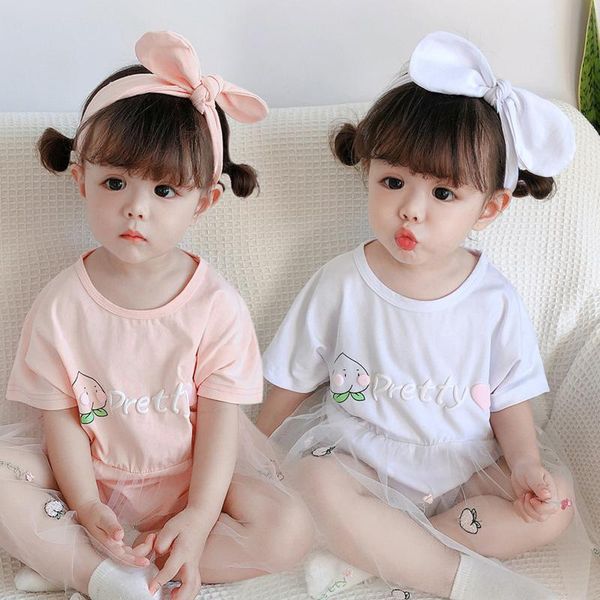 

clothing sets infant baby girls clothes letter peach printed tulle romper short sleeve +headbands outfits 2pcs suit summer, White
