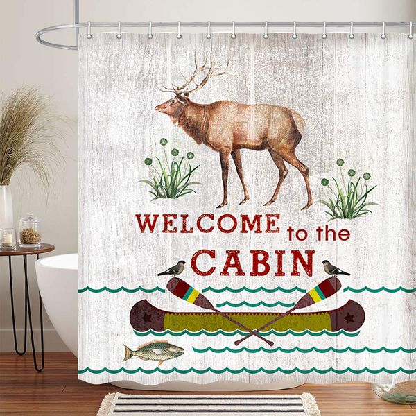 

country moose shower curtain, rustic hunting cabin hunting deer welcome to the cabin on vintage wood board rural shower curtain,