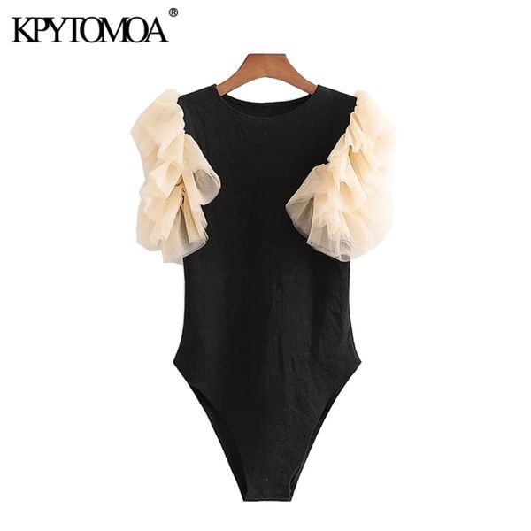 

women fashion patchwork ribbed knitted bodysuits tulle sleeve stretch slim female playsuits chic 210420, White;black
