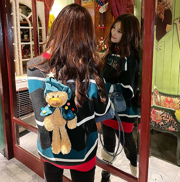 

autumn and winter 20 new three-dimensional christmas bear doll knitted women's loose contrast letter embroidered round neck sweater, White