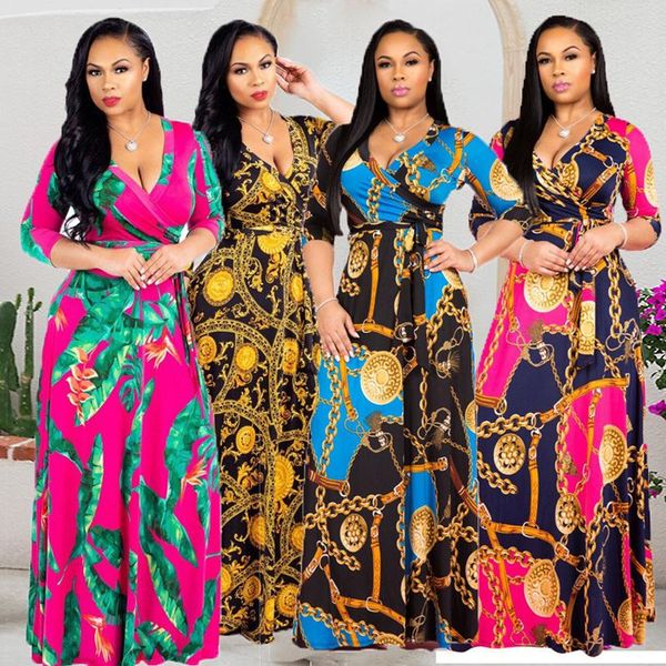 

ethnic clothing african dashiki plus size black bohemian long dress women floral tunic maxi female floor-length oversized cross v-neck, Red