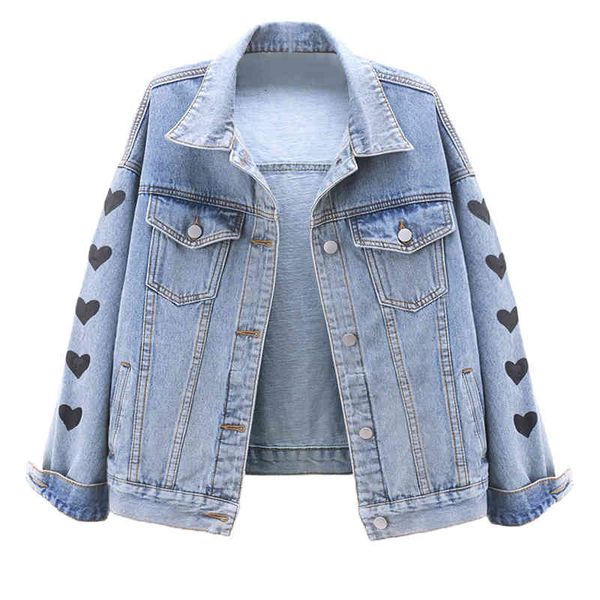 

women's jackets 2021 spring autumn clothes love print short denim jacket women plus size loose student vintage jeans coat ladies t, Black;brown