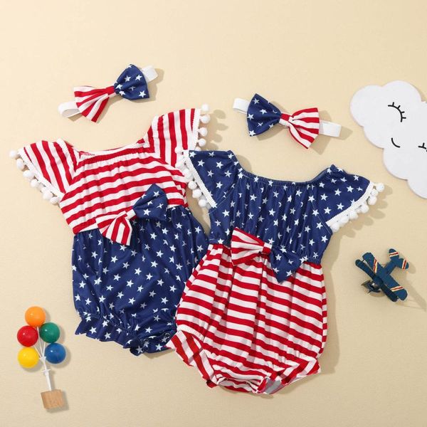 

baby girl summer clothes 2021 jumpsuit infant boys girls 4th-of-july stars and striped printed romper bodysuit spot issued rompers, Blue
