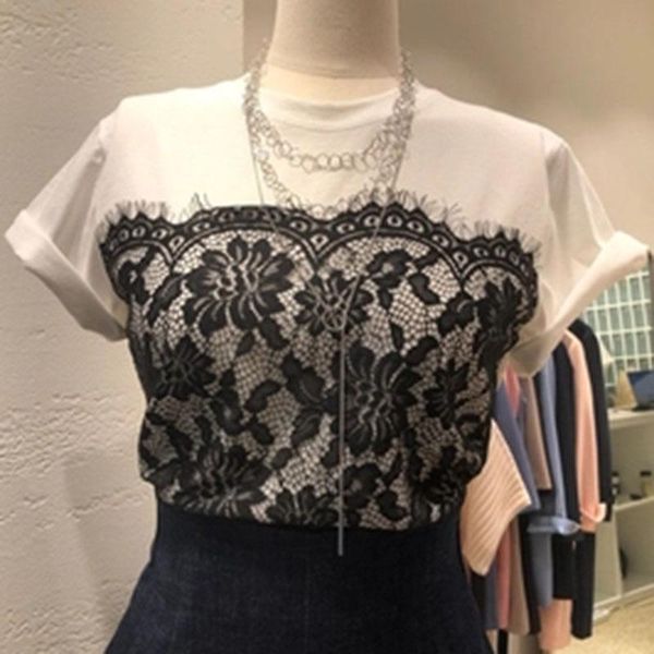 

korean 2021 summer fashion sweet stitching lace short-sleeved t-shirt loose round neck female women's, White