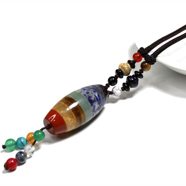 

good luck 7 chakras necklace buddha beads braided rope chain natural stone geometric cylindrical fashion reiki jewelry for women pendant nec, Silver