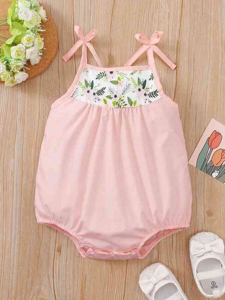 

baby floral print bow shoulder cami bodysuit she, Blue