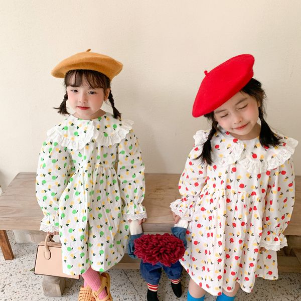 

spring girls lace patchwork printing princess dress cute fashion little cotton turn-down collar dresses 210508, Red;yellow
