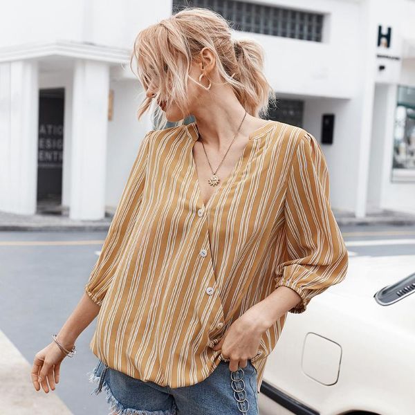 

women's blouses & shirts women striped blouse shirt seven sleeve v-neck button casual et chemisier femme blusas mujer de moda 2021, White