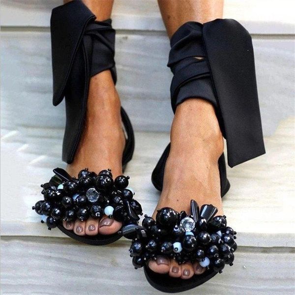

sandals 2021 summer women fashion lace-up flat cute beaded rhinestone flowers bling casual ladies 35-43, Black