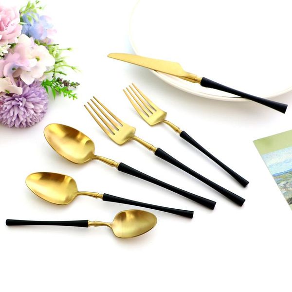 

flatware sets tablware set stainless steel matte knife dessert fork tea spoon dinnerware black gold kitchen luxury cutlery