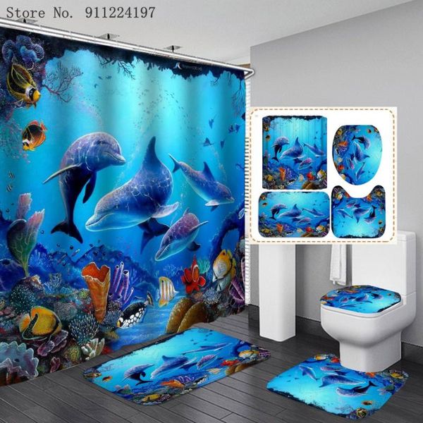 

marine life print shower curtain 4 piece carpet cover toilet bath mat blue ocean bathroom with 12 hooks home decor accessory set