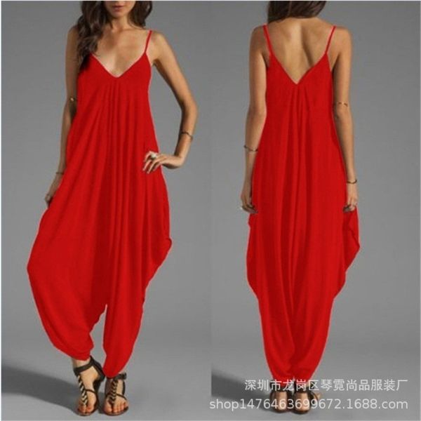 

2021 summer new v-neck solid color suspender irregular swing jumpsuit1, Black;white