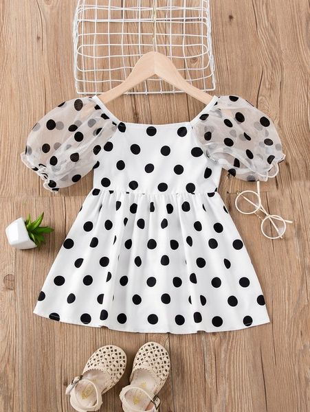 

toddler girls polka dot contrast mesh puff sleeve dress she, Red;yellow