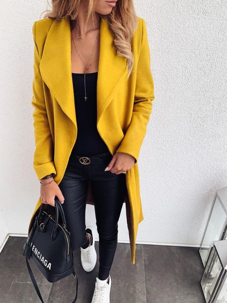 

women's wool & blends women fashion style solid color lapel mid-length bandage woolen coat british wind, Black