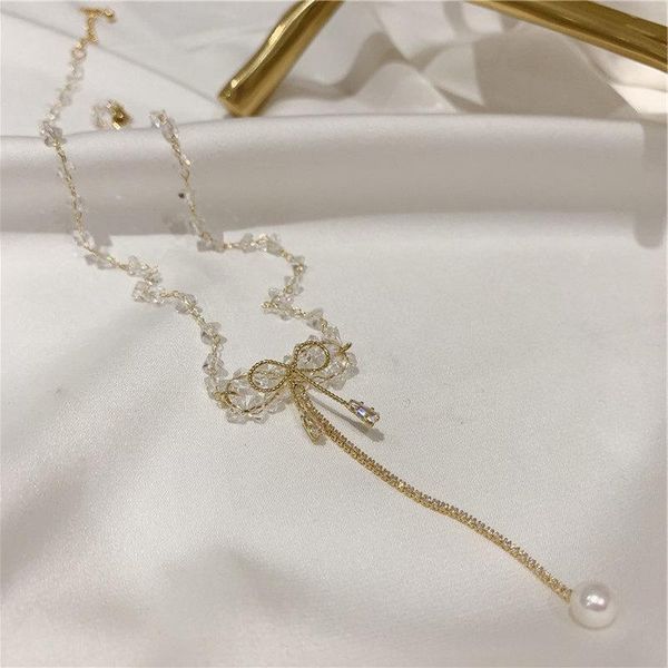 

pendant necklaces allme fairy gold colour alloy bowknot pearl necklace for women ladies clear crystal beaded chokers jewelry, Silver