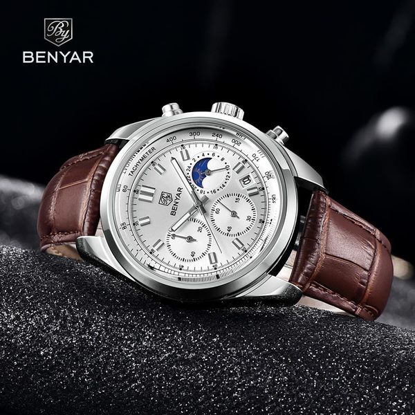 

wristwatches benyar casual watch men sport quartz men's watches chronograph military waterproof leather relogio masculino 2021, Slivery;brown