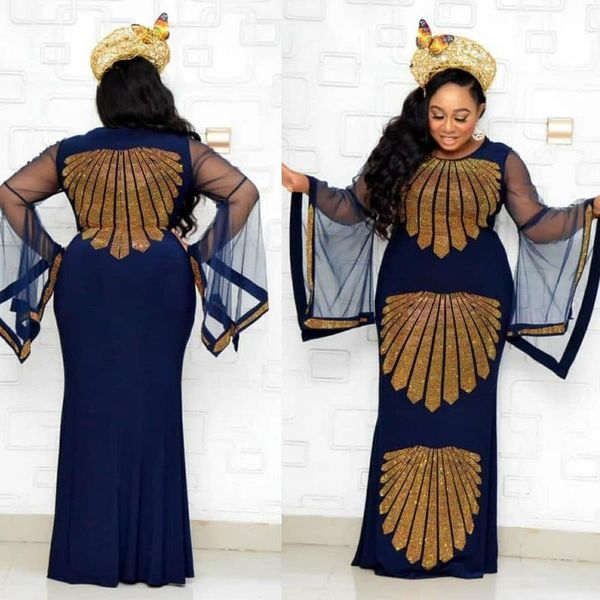 

ethnic clothing african dresses for women dashiki mesh ruffle sleeve robe dress africa clothes super elastic diamonds party maxi, Red