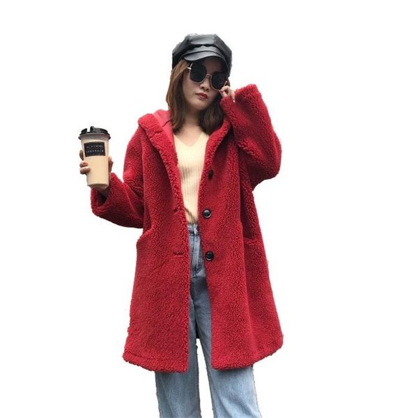 

women's fur & faux sheep shearing coat mid-length composite one-piece hooded loose wool granular fleece red blue winter coats, Black