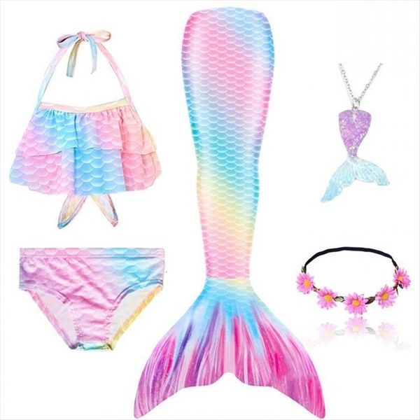 

5pcs set girls mermaid tail swimsuit children the little costume cosplay beach clothes bathing sui cute wear, White