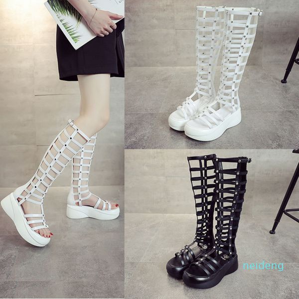

2021 summer roman high tube heel korean hollow out thinew bottom muffin women's shoes waterproof platform sandals 44ye, Black
