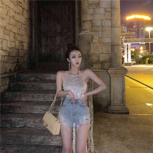 

chain granules fashion heavy handicrafts high waist denim shorts, Blue