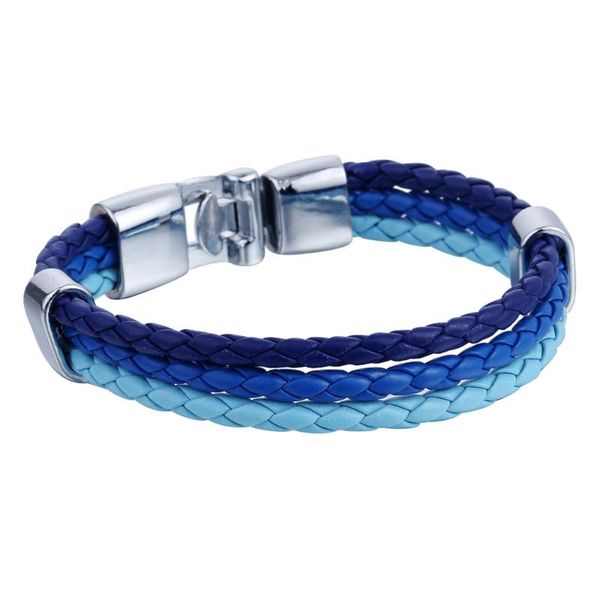 

link, chain leather bracelet for men womens 3 strand rope braided wristband stainless steel clasp dark sky light blue mens gifts 12mm dlb386, Black