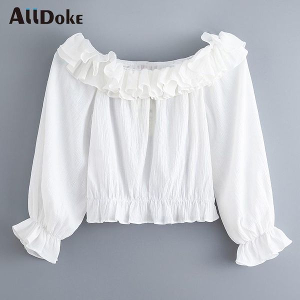 

women's blouses & shirts alldoke 2021 women long sleeve off shoulder cascading ruffles casual smock blouse femininas blusas, White