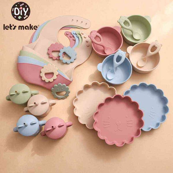 

let's make 6pcs/set cartoon lion baby silicone plate spoon bpa antislip feeding bowl tableware set easy to clean straw cup g1210