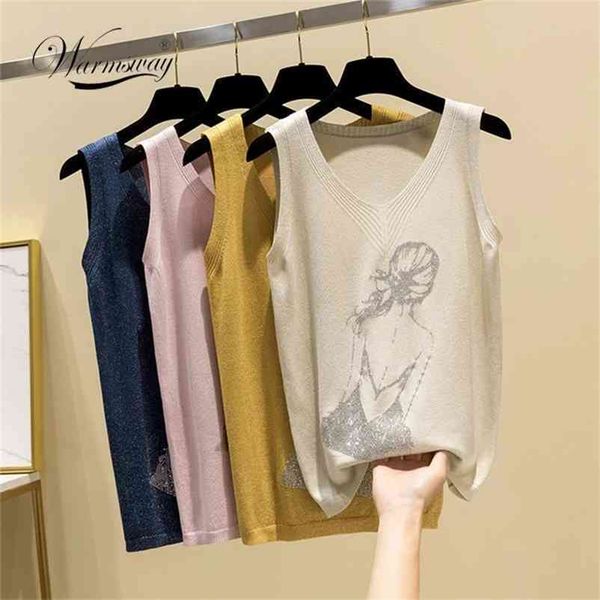 

plus size summer bright soft knitted vest women casual loose tank girl back rhinestones sleeveless t-shirt femme b-014 210522, White