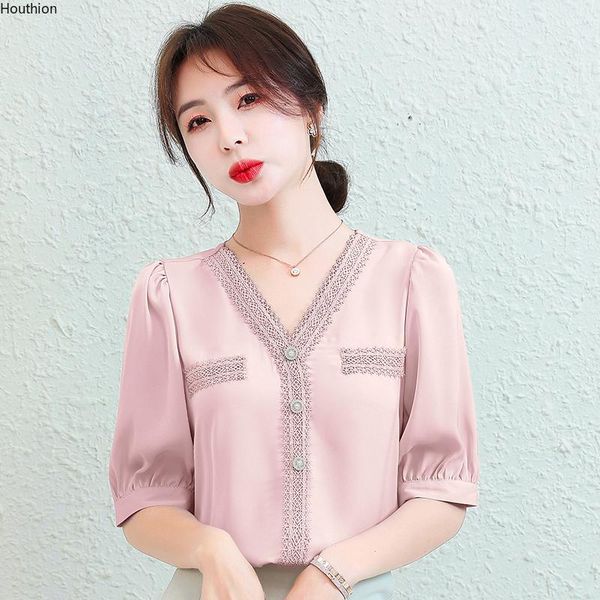 

women's blouses & shirts blouse chiffon casual fashion short sleeve v-neck shirt summer pure color stitching plus size 10095, White