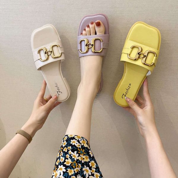 

Casual shoes New Korean metal button sandals in summer 2021 JBIH, Yellow