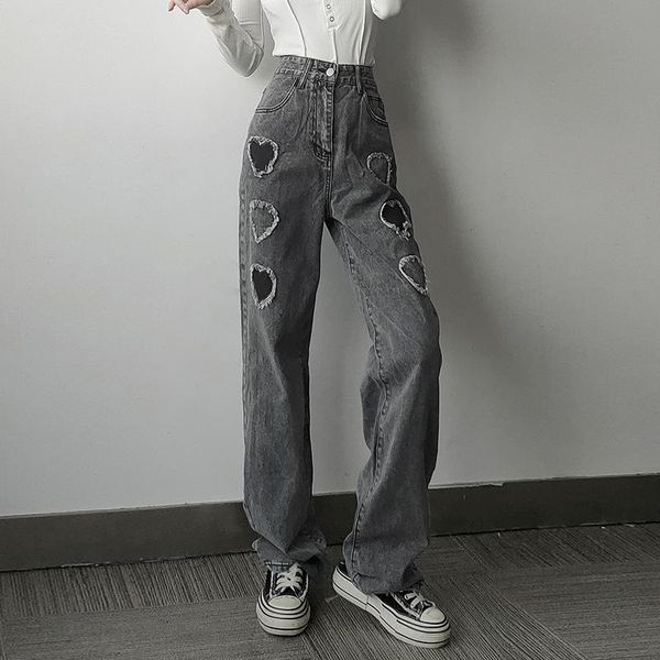 

women's jeans y2k autumn love patchwork for women high waist denim trousers fashion street straight pants female clothes wear p355, Blue