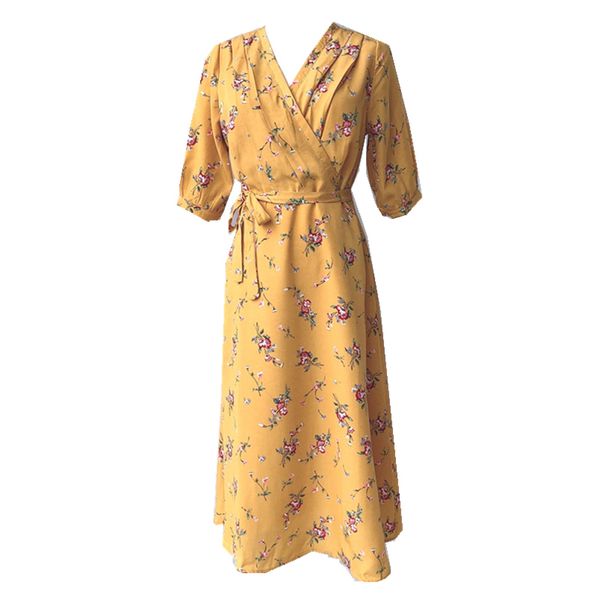 

yellow v neck short sleeve midi dress empire summer elegant wrap floral print d1748 210514, Black;gray