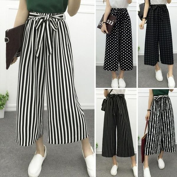 

chuqing fashion wide leg womens capris long casual summer flare high waist elastic striped loose culotte trousers cropped pants, Black;white