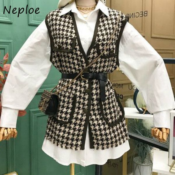 

neploe autumn new suit solid color simple women blouse + chic sashes slim waist plaid panelled patchwork vest 2 piece set 210423, White
