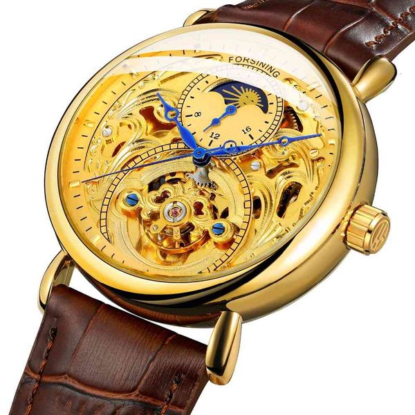 

2019 forsining brand luxury mechanical wrist watches moon phase golden automatic mechanical men leather, Slivery;brown