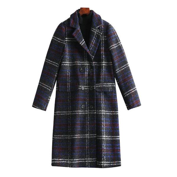

women's wool & blends 2021 winter women plaid blend warm long coat female woolen coats casual overcoat cashmere outerwear plus size 5xl, Black