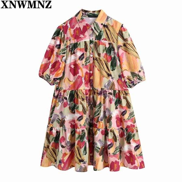 

women fashion graffiti print pleated mini dress chic vintage short sleeve button-up female dresses vestidos mujer 210520, Black;gray