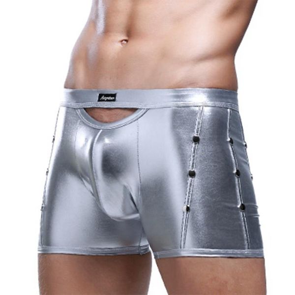 

underpants men's luxury leather boxers underwear slim seamless lingerie breathable male high waist button boxershorts, Black;white