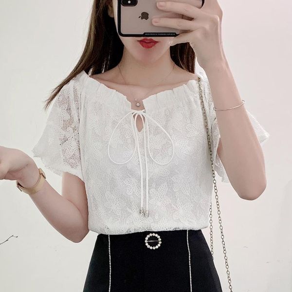 

two piece dress lace woman blouse hollow out shirt bow ribbon short feminine  slim slash neck 8863 50, White